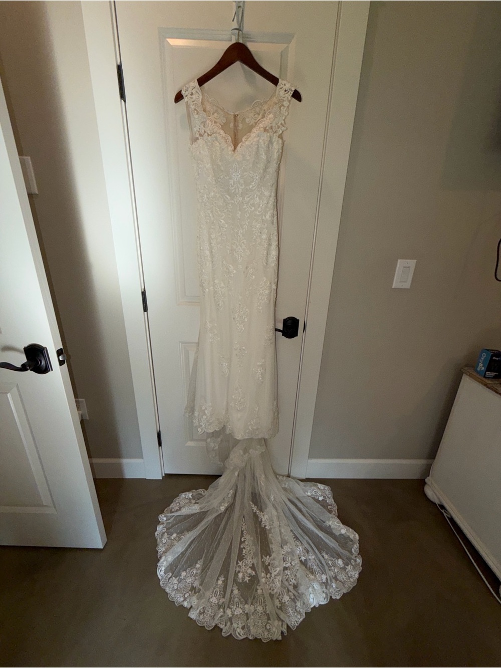Sincerity Bridal Ivory Lace Sheath Wedding Gown with Chapel Train